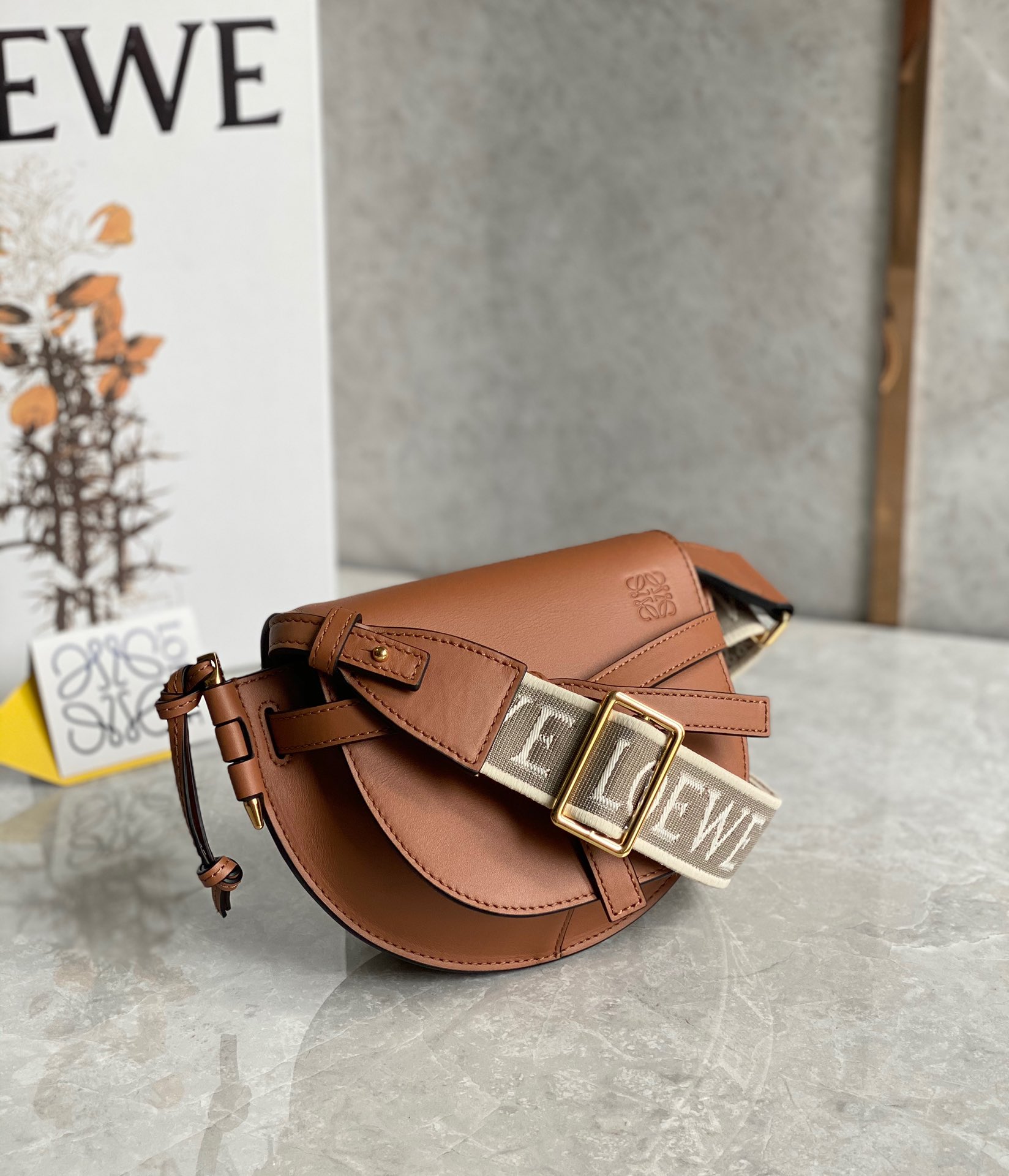 Loewe Mini Gate Dual Bag in Soft Calfskin and Jacquard Brown